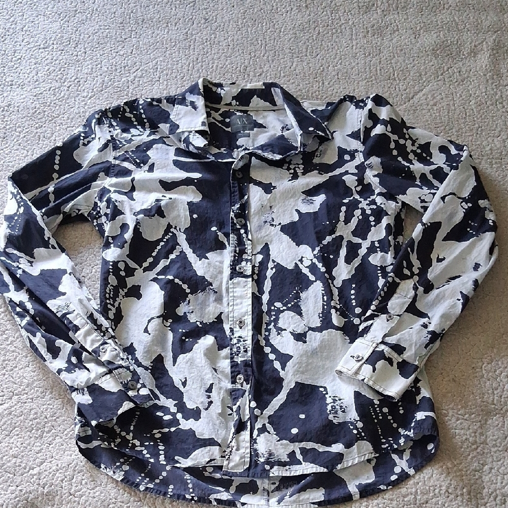 Armani Exchange 100% Cotton Abstract Blue and White Shirt Small